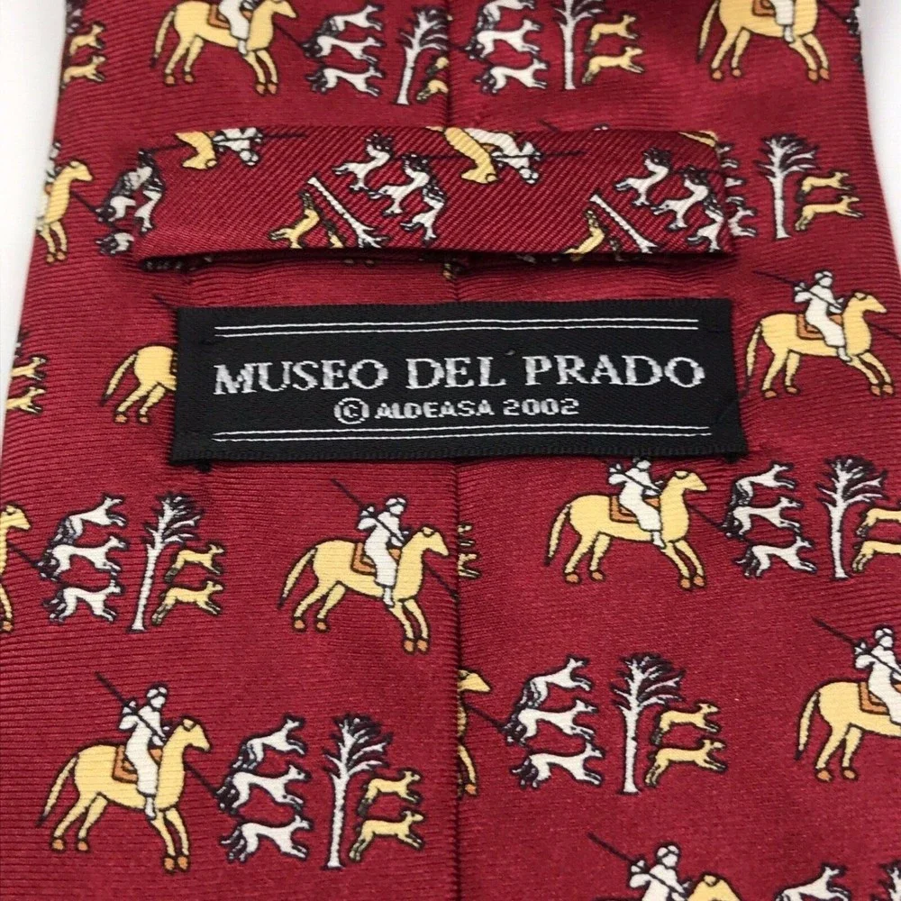 Museo Del Prado 2000 Silk Necktie Horse Hunter Hounds Bulls Equestrian Red Italy